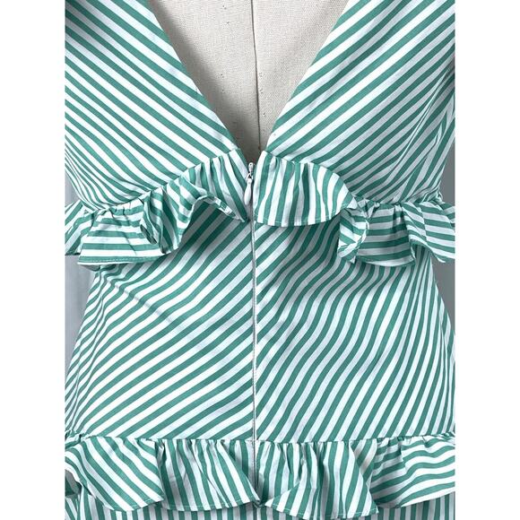 BCBGeneration Tie Shoulder Green And White Stripe Ruffle Dress 6 - Picture 9 of 16